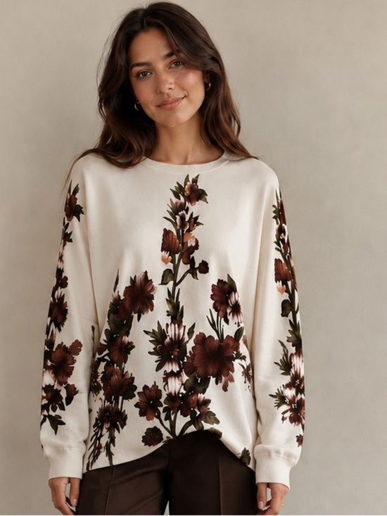 Aleeza Paris Tops - Aleeza Paris Oversized Cream Floral Pullover Sweater with Brown Blooms